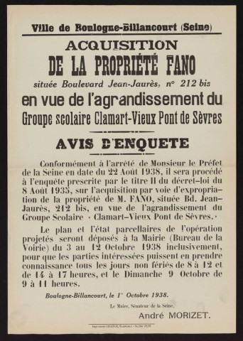 Acquisition à titre gratuit d'un terrain rue de Clamart en vue de l'agrandissement du groupe scolaire : avis d'enquête,