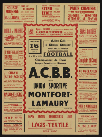 Football, championnat de Paris, équipes première et réserve : ACBB contre Union sportive Montfort-Lamaury, Nombreuses publicités d'entreprises.