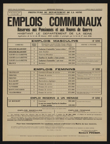 Emplois communaux réservés aux pensionnés et aux veuves de guerre habitant le département de la Seine, Recrutement à Boulogne-Billancourt d'un conducteur d'automobiles "tourisme et utilitaire" et d'un aide d'atelier.