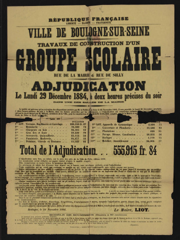 Travaux de construction d'un groupe scolaire rue de la Mairie et rue de Silly : adjudication,