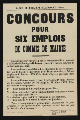 Concours pour six emplois de commis de mairie,