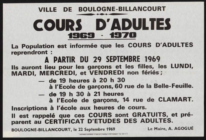 Cours d'adultes, 1969-1970 é,