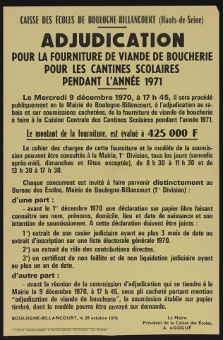 Adjudication pour la fourniture de viande de boucherie pour les cantines scolaires pendant l'année 1971,