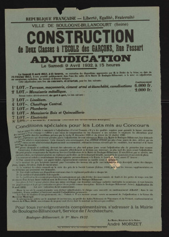 Construction de deux classes à l'école des garçons rue Fessart : adjudication,