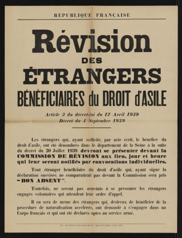 Révision des étrangers bénéficiaires du droit asile,