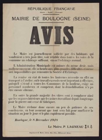 Avis [relatif à l'éclairage des rues],