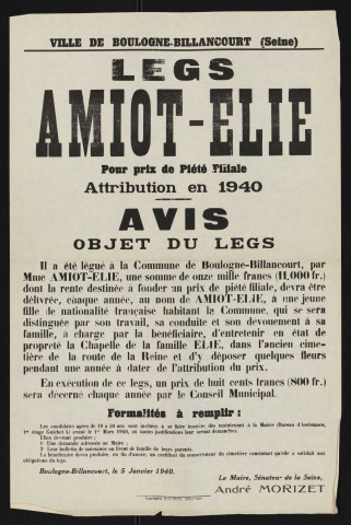 Legs Amiot-Elie pour prix de piété filiale : attribution en 1940,