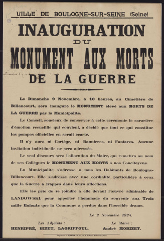 Inauguration du monument aux morts de la guerre,