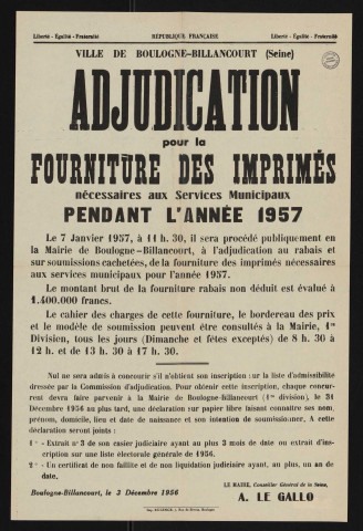 Adjudication pour la fourniture des imprimés nécessaires aux services municipaux pendant l'année 1957,