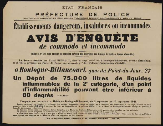 Avis d'enquête de commodo et incommodo : 27 quai du Point-du-Jour, Société anonyme des Usines Renault : installation d'un dépôt de 75 000 litres de liquides inflammables de la 2e catégorie.