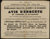 Avis d'enquête de commodo et incommodo : 27 quai du Point-du-Jour, Société anonyme des Usines Renault : installation d'un dépôt de 75 000 litres de liquides inflammables de la 2e catégorie.