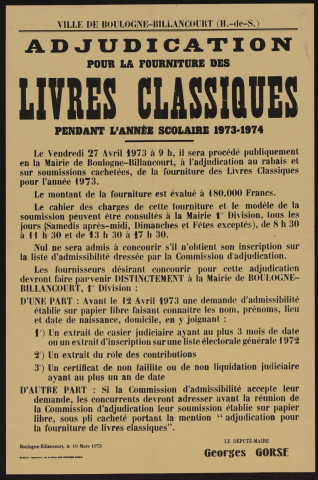 Adjudication pour la fourniture des livres classiques pendant l'année scolaire 1973-1974,