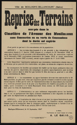 Reprise des terrains occupés dans le cimetière de l'avenue des Moulineaux sans concessions ou en vertu de concessions dont la durée est expirée,