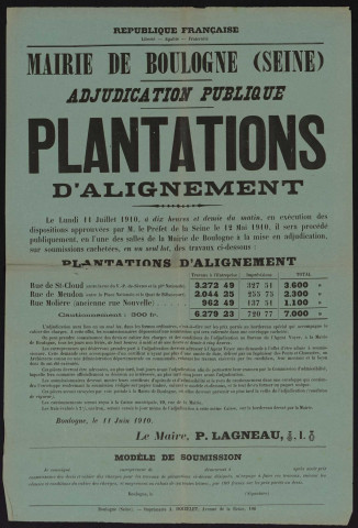 Plantation d'alignement : adjudication publique,