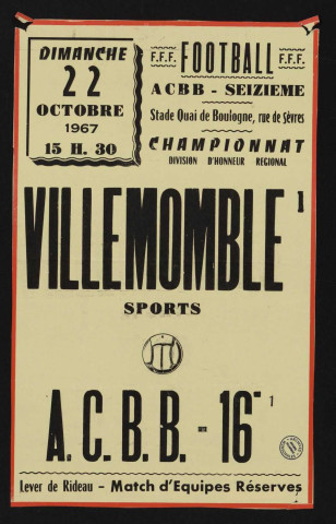 Football, championnat division d'honneur régional : Villemonble Sports contre ACBB 16e,