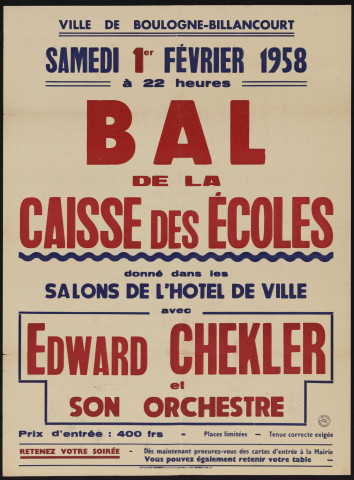 Bal de la caisse des écoles [...] avec Edward Checkler et son orchestre,