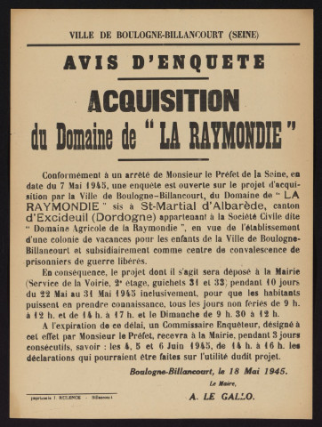 Acquisition du domaine de La Raymondie : avis d'enquête,