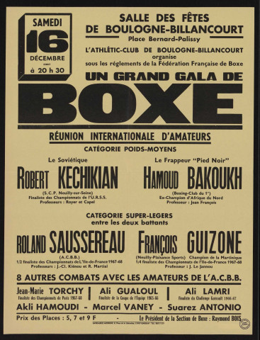 Grand gala de boxe : réunion internationale d'amateurs, Robert Kechikian contre Hamoud Bakoukh (poids moyens) ; Roland Saussereau contre François Guizone(super-légers)