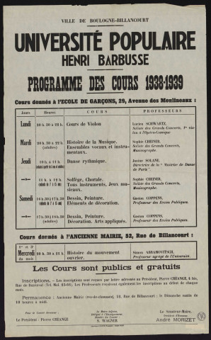 Université populaire Henri Barbusse : programme des cours 1938-1939 donnés à l'école de garçons 29 avenue des Moulineaux,