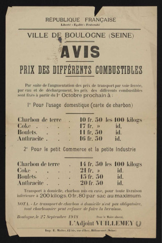 Avis : prix des différents combustibles,