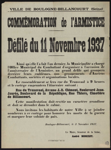 Commémoration de l'armistice : défilé du 11 novembre 1937,