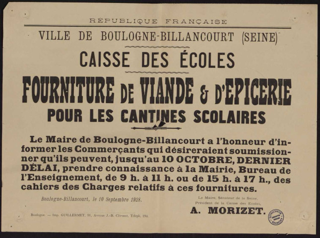 Caisse des écoles : fourniture de viande et d'épicerie pour les cantines scolaires,