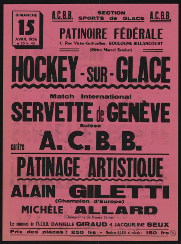 Patinoire fédérale, hockey-sur-glace : match international Servette de Genève contre ACBB,