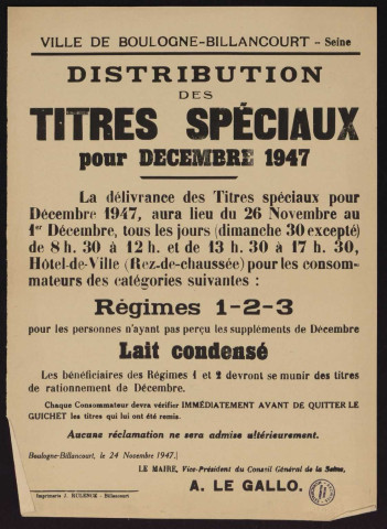 Distribution des titres spéciaux pour décembre 1947,