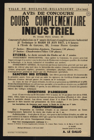 Avis de concours de cours complémentaire industriel [école de garçons 29 avenue Pierre-Grenier],