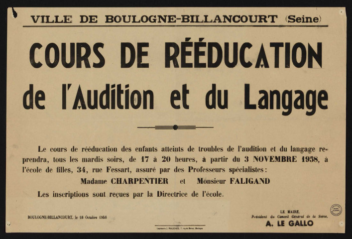 Cours de rééducation de l'audition et du langage,