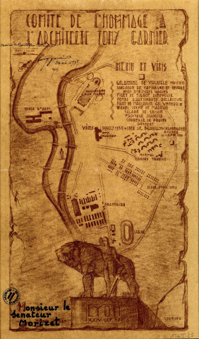 Menu du comité de l'hommage à l'architecte Tony Garnier, dessin de Le lièvre avec les principales réalisations architecturales de Tony Garnier, 24 octobre 1937, exemplaire destiné à André Morizet.