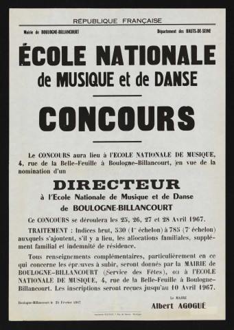 Ecole nationale de musique et de danse : concours [pour le recrutement du] directeur,