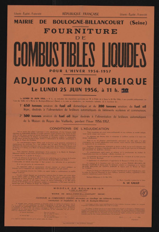 Fourniture des combustibles solides pour l'hiver 1956-1957 : adjudication publique,