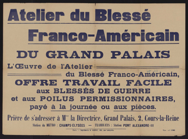 Atelier du blessé franco-américain du Grand-Palais [offre du travail aux blessés de guerre et aux permissionnaires],