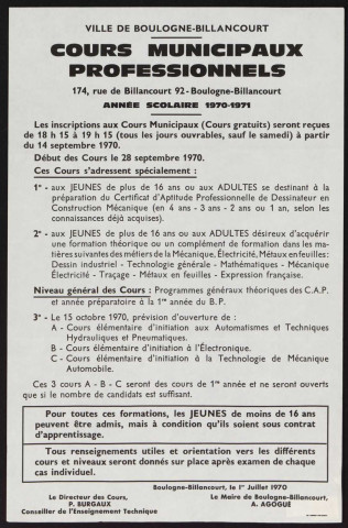 Cours municipaux professionnels, année scolaire 1970-1971 ,