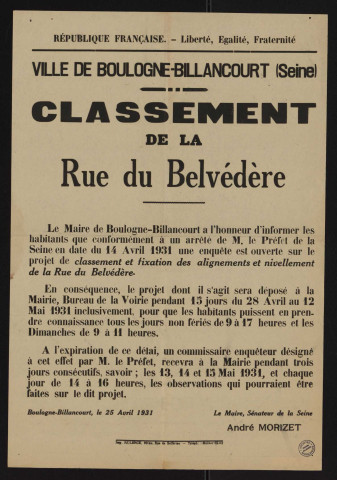 Classement de la rue du Belvédère,