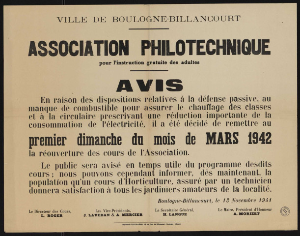 Association philotechnique : avis [concernant la réouverture des cours],