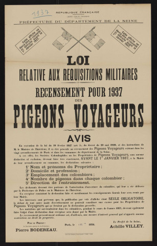 Loi relative aux réquisitions militaires : recensement pour 1937 des pigeons voyageurs,