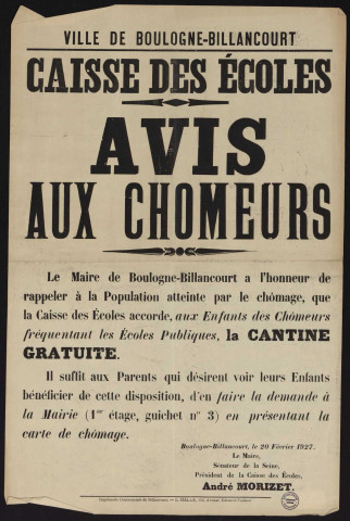 Caisse des écoles : avis aux chômeurs [au sujet de la gratuité de la cantine pour leurs enfants],