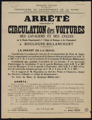 Arrêté interdisant la circulation des voitures, des cavaliers et des cycles sur le chemin départemental n°1 (quais de Boulogne et du 4-Septembre),