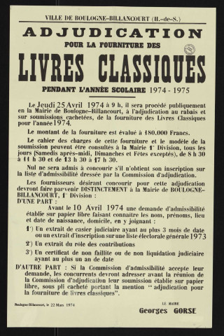 Adjudication pour la fourniture des livres classiques pendant l'année scolaire 1974-1975,