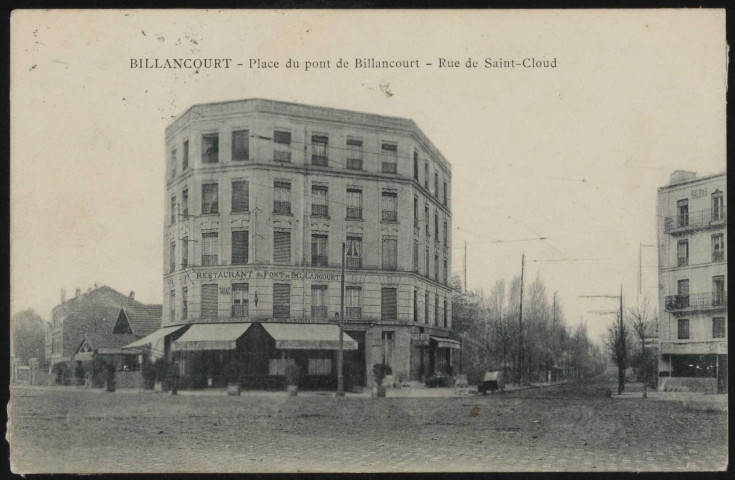 Billancourt - Place du pont de Billancourt - Rue de Saint-Cloud, Boulogne-Billancourt . place du Pont de Billancourt, rue Yves Kermen . - PerspectiveVue depuis la place sur la rue yves kermen à droite et au centre le grand café restaurant du pont de Billancourt