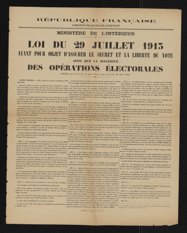 Loi du 29 juillet 1913 ayant pour objet d'assurer le secret et la liberté du vote ainsi que la sincérité des opérations électorales,