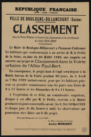 Classement dans la voirie urbaine et fixation des alignements et du nivellement de l'allée Paul-Bert,