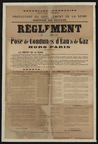 Règlement concernant la pose de conduites d'eau et de gaz hors Paris,