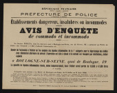 Avis d'enquête de commodo et incommodo : quai de Boulogne 49, Société Invicta : extension d'un atelier où l'on emploie des liquides inflammables de la 1re catégorie pour le dégraissage des étoffes.