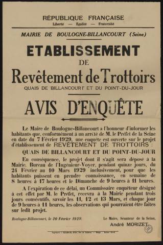 Etablissement de revêtement de trottoirs quais de Billancourt et du Point-du-Jour : avis d'enquête,