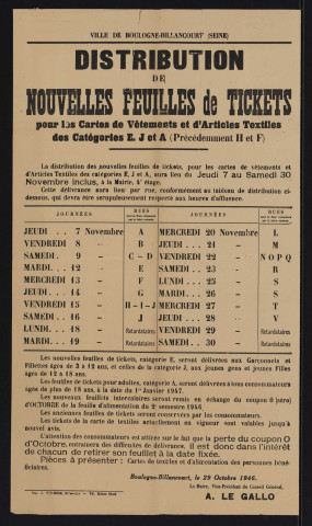 Distribution de nouvelles feuilles de tickets pour les cartes de vêtements et d'articles textiles pour adultes des catégories E. J et A (précédemment H et F),