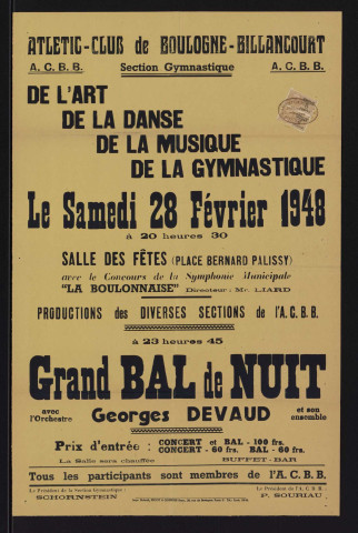 Grand bal de nuit [organisé par l']ACBB section Gymnastique [...] le samedi 28 février 1948,