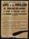 Appel à la population de Boulogne-Billancourt en faveur des vieillards assistés et des personnes ou familles nécessiteuses,